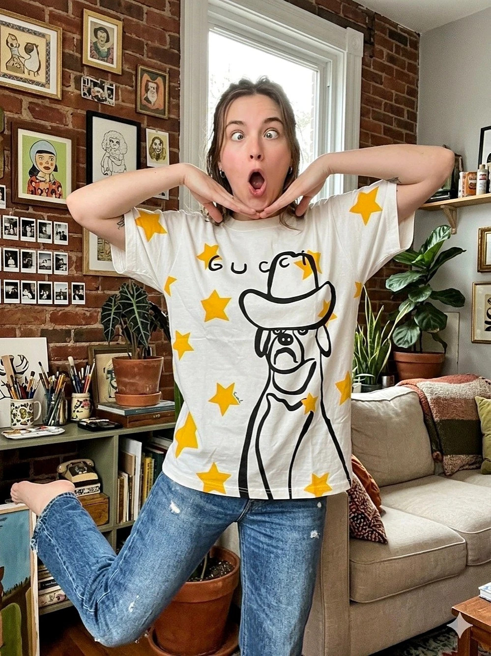GUCCl x Freja Weiland Cowboy Dog Cotton T-Shirt White & Yellow Large